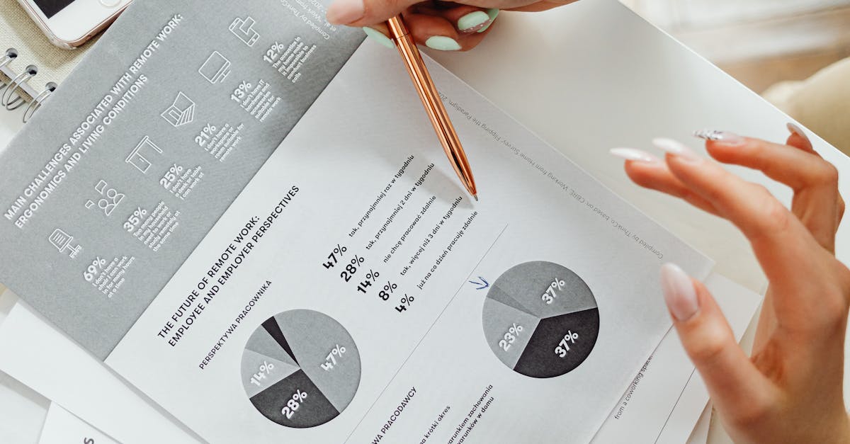 Close-up of businesswoman analyzing financial reports using pie charts in an office setting.